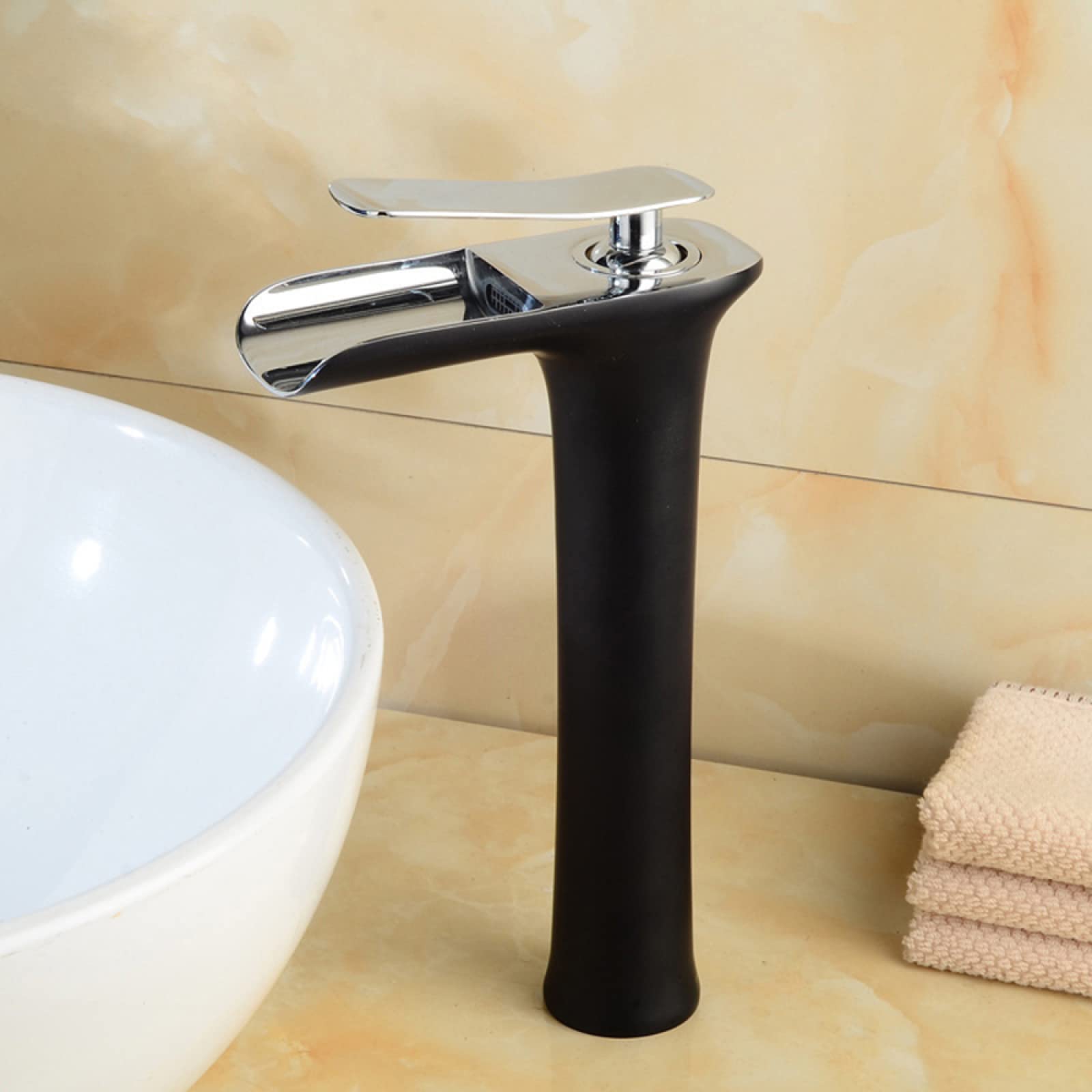 Rubinetto a Cascata per lavabo da Bagno, Miscelatore per Acqua Calda e Fredda, in Ottone Massiccio, monocomando Alto, Nero (Colore: Argento)