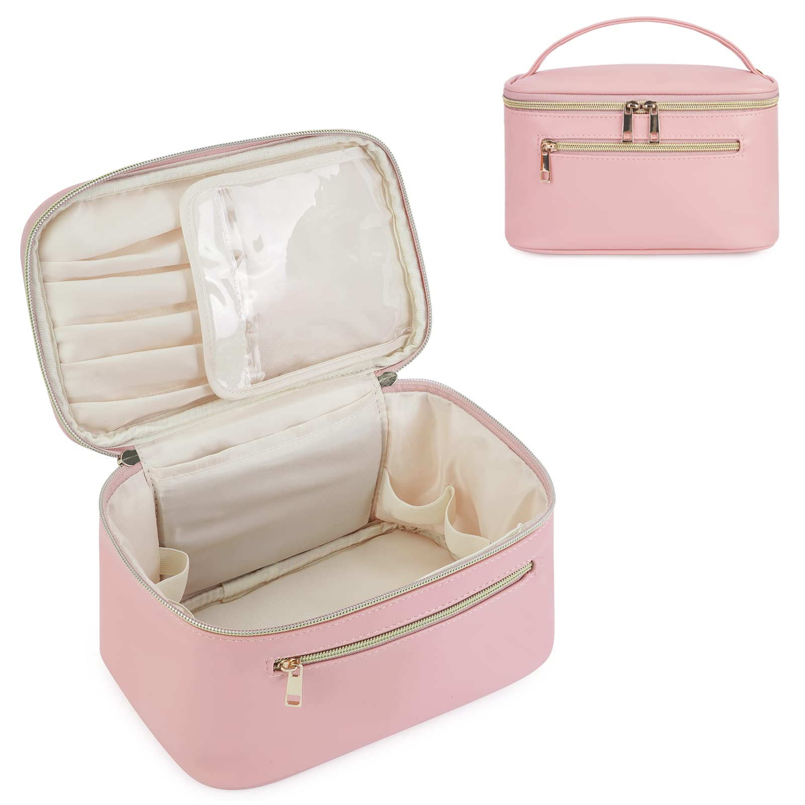 Wandering Nature Neceser Maquillaje Cuero Bolsa de Cosméticos con Porta Brochas Grande Multifuncional Hidrófugo para Mujer Viajes Nocturnos, Rosa Patente Pendiente