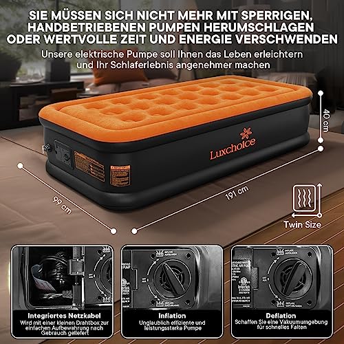 Luxchoice Luftbett Aufblasbare Matratze Luftmatratze Selbstaufblasend 1 Personen mit Integrierter Elektrischer Pumpe Premium Gästebett für Camping oder Heimgebrauch 191×99×40cm 200KG Max