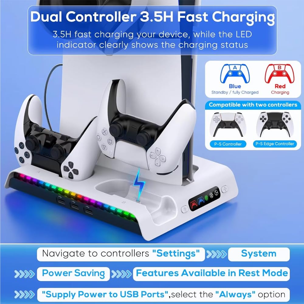 Estación de refrigeración la Consola para PS5 Pro /PS5 Slim Digital/Disc, estación de refrigeración y Carga con Ventilador de 3 Niveles Cargador de Mando con Soporte para Auriculares