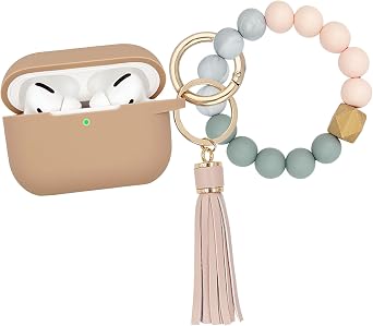 Koujaon Compatible with Airpods Pro Soft Silicone Case Cover with Bracelet Keychain for Apple Airpod Pro 1st Generation Case for Women Milk Tea