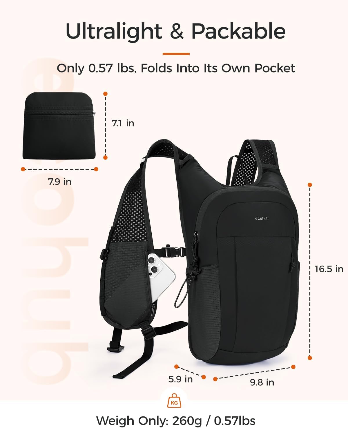 ECOHUB 15L Lightweight Packable Hiking Backpack for Travel, Small Daypack with Chest Strap & Phone Pocket, Water Resistant Foldable Backpack for Men Women