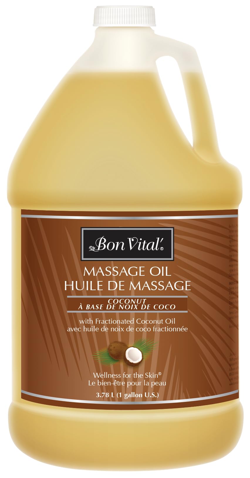 Bon Vital BVCO1G Coconut Massage Oil Made with 100% Pure Fractionated Coconut Oil to Repair Dry Skin, Used by Massage Therapists and At-Home Use for Therapeutic Massages and Relaxation, 1 Gallon Bottle