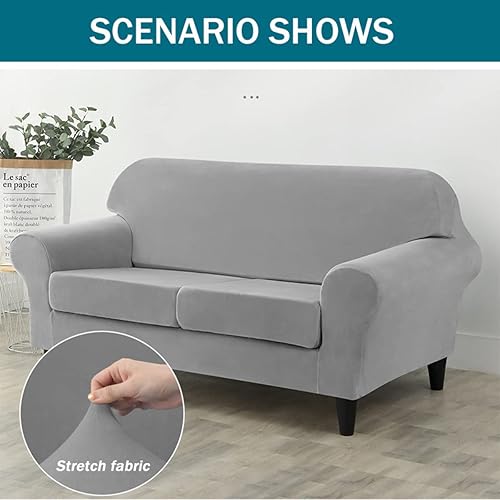 Miniatura 3 de Funda para sofá de terciopelo de 3 piezas, protector de muebles, funda elástica para sofá de 2 cojines con 2 fundas de cojín individuales, lavable,