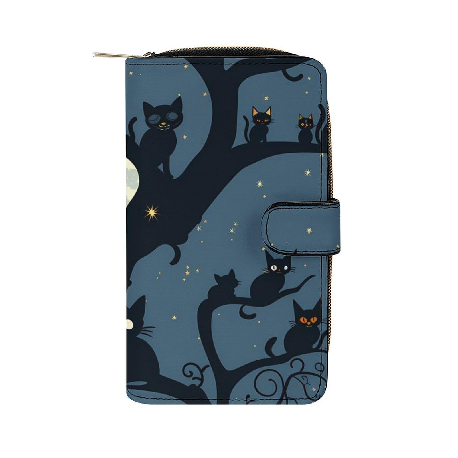 Halloween Black Cats on Tree in Night Leather Long Pouch Wallet for Men And Women Large Capacity Clutch Cash Wallet with Zippered