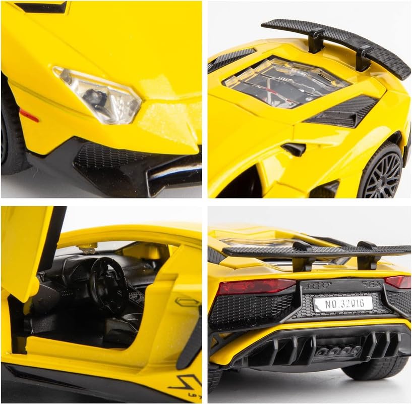 Image of Kids Model 1:32 LP750 Die Cast Metal Car Pull Back Action Opening Doors with Realistic Engine Sound Lights Toy Car Gift for Boys - Yellow