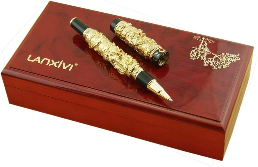 Lanxivi Jinhao Deluxe Classic Chinese Dragon Rollerball Pen 3D Pattern Wooden Gift Box (Gold)