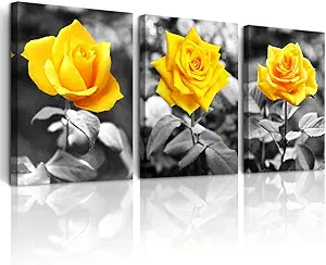 DZRWUBHS Canvas Wall Decoration For Living Room Framed Wall Art For Bedroom Black And White Prints Pictures Yellow Rose Flowers Paintings Artworks Modern Bathroom Kitchen office Walls Decor 3 Piece