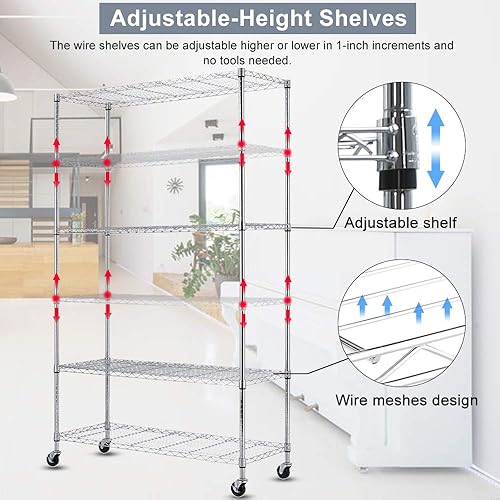 Miniatura 6 de Estantería de alambre de 6 niveles de altura ajustable, estante de metal resistente con ruedas, estante de almacenamiento de acero de grado