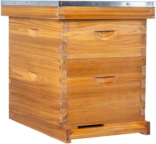 POLLIBEE 8 Frame Beehive Beeswax Coated Langstroth Bee Hives Include 1 Deep Boxes and 1 Medium Bee Box with Beehive Frames and Foundations(Unassembled)
