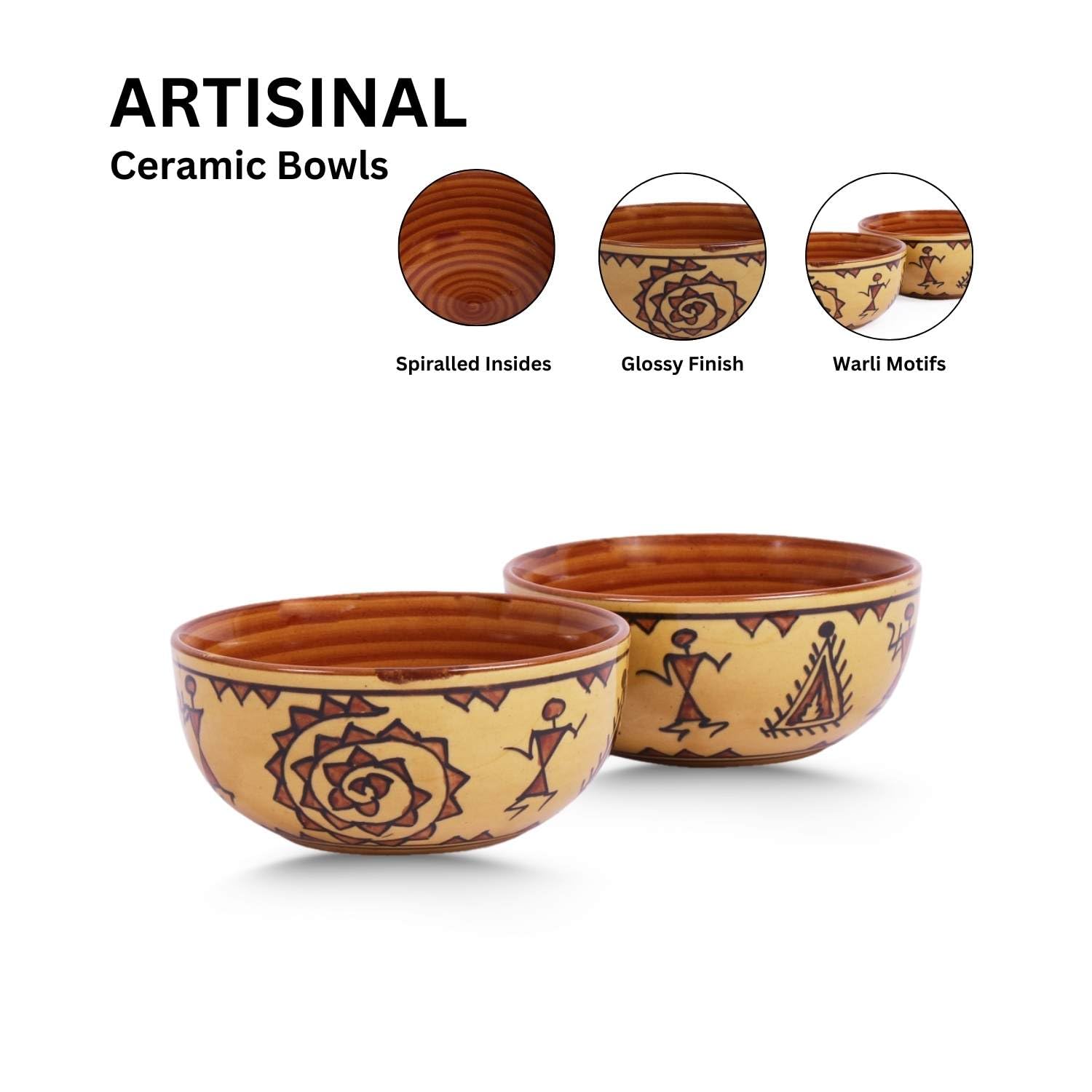 VarEesha Handmade Brown Warli Small Ceramic Snack Bowls Set of 2|Cereal Bowls| Stoneware Serving Bowls| Snack Bowls| Microwave and Dishwasher Safe Lead Free Serving Bowls| 200 ML| Brown 1