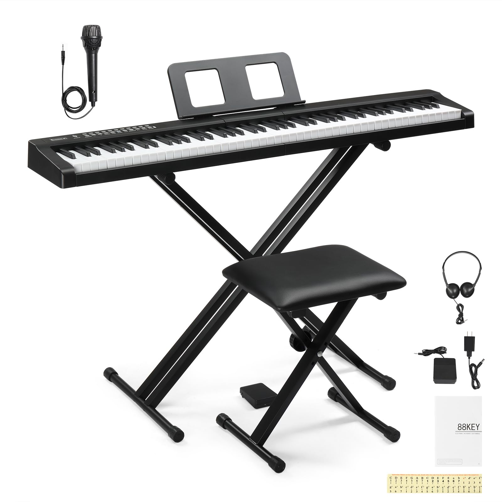 Bonnlo GPP-101 Piano Numérique à 88 Touches Semi-Lestées de Taille Standard, Piano avec Support et Tabouret, Pour les Amateurs de Piano, Noir