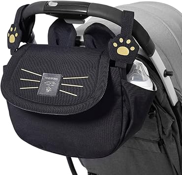 SUNVENO Universal Stroller Organizer Bag with 2 Cup Holders, Cute Kitty Baby Stroller Caddy, Waterproof Storage Organizer with Adjustable Straps, Fits Most Strollers, Prams & Pushchairs