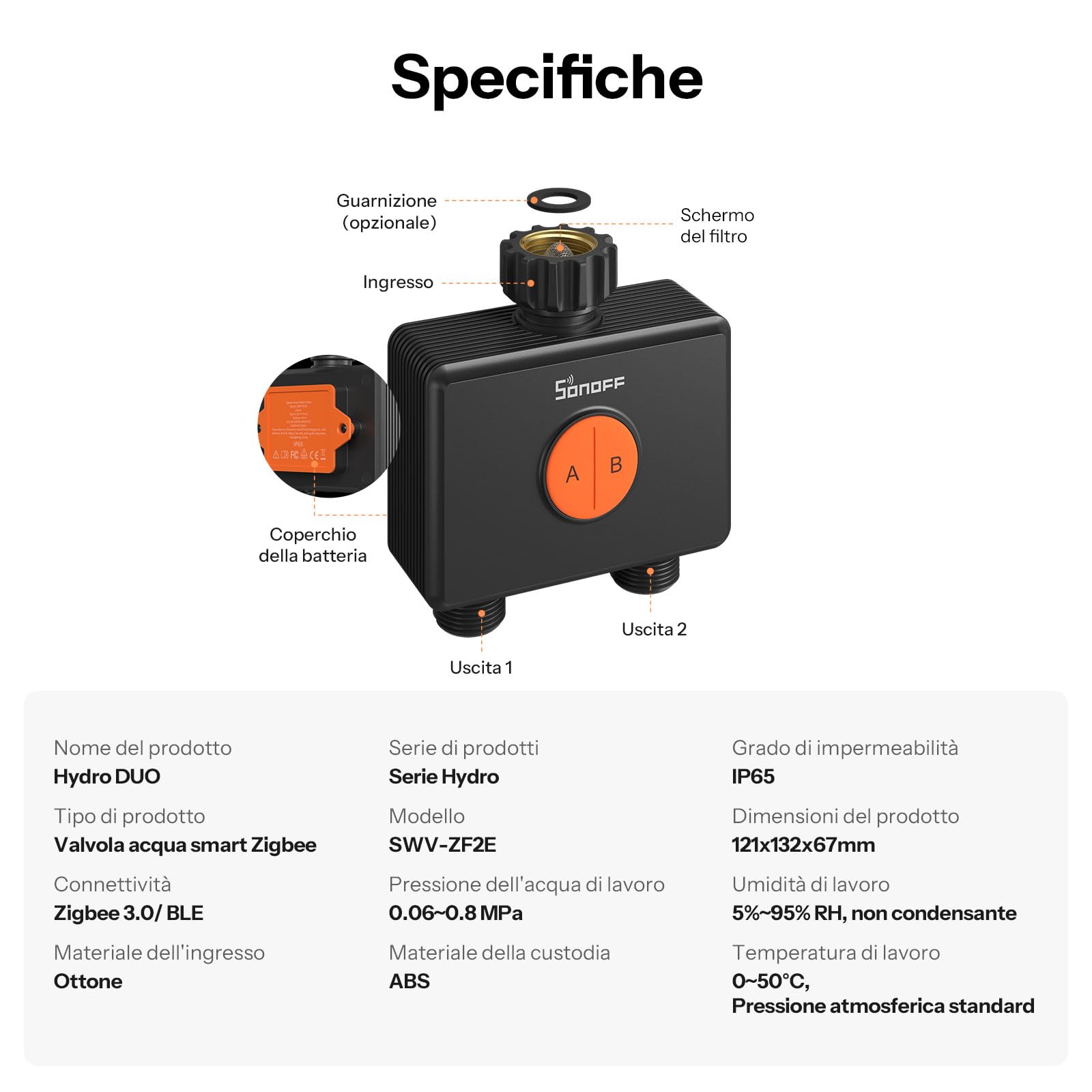SONOFF SWV-ZF2E Hydro DUO Timer irrigazione Zigbee a 2 zone, ingresso in ottone, IP65, alimentazione Type-C e 4 AA, adattamento meteo con misuratore di flusso, hub Zigbee richiesto, Home Assistant