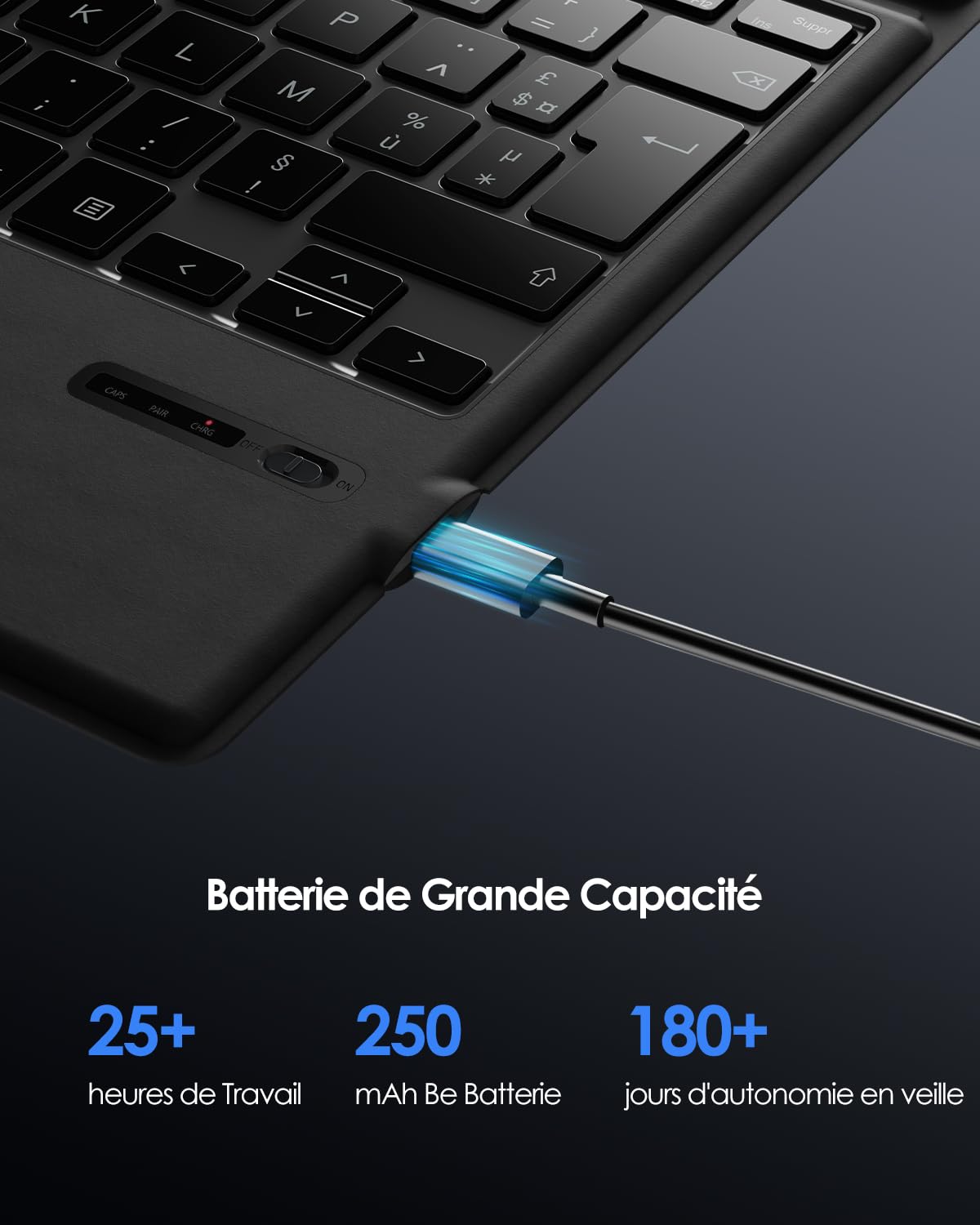 Clavier Français pour Microsoft Surface Pro 7 Plus/7/6/5/4/3, AZERTY sans Fil Bluetooth, Type Cover avec Pavé Tactile et Batterie Rechargeable-Noir
