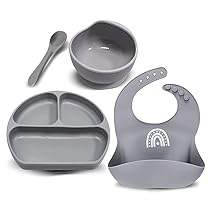 Miracle Baby Set Pappa Svezzamento Silicone Piatto con Ventosa per Bambini Ciotola Antiscivolo Bavaglino et Cucchiaino Set Prima Pappa per Neonato, Senza BPA e Anti Odore 4in (1, Grigio)