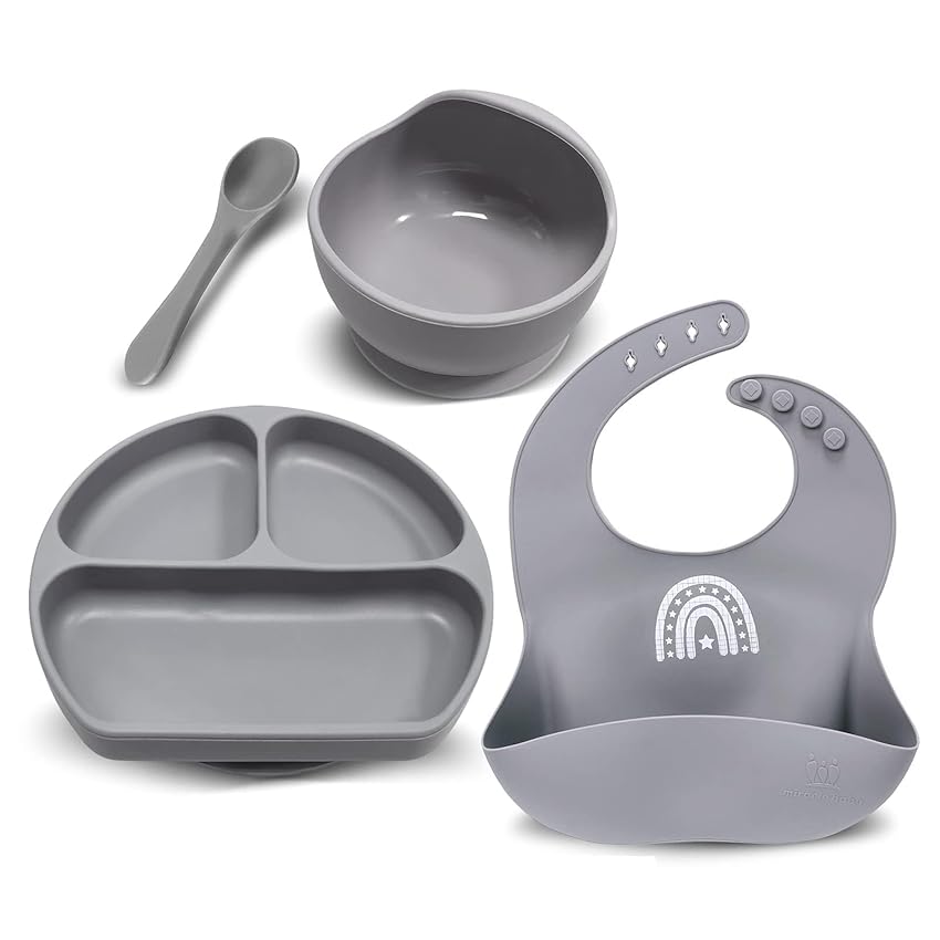 Miracle Baby Set Pappa Svezzamento Silicone Piatto con Ventosa per Bambini Ciotola Antiscivolo Bavaglino et Cucchiaino Set Prima Pappa per Neonato, Senza BPA e Anti Odore 4in (1, Grigio)