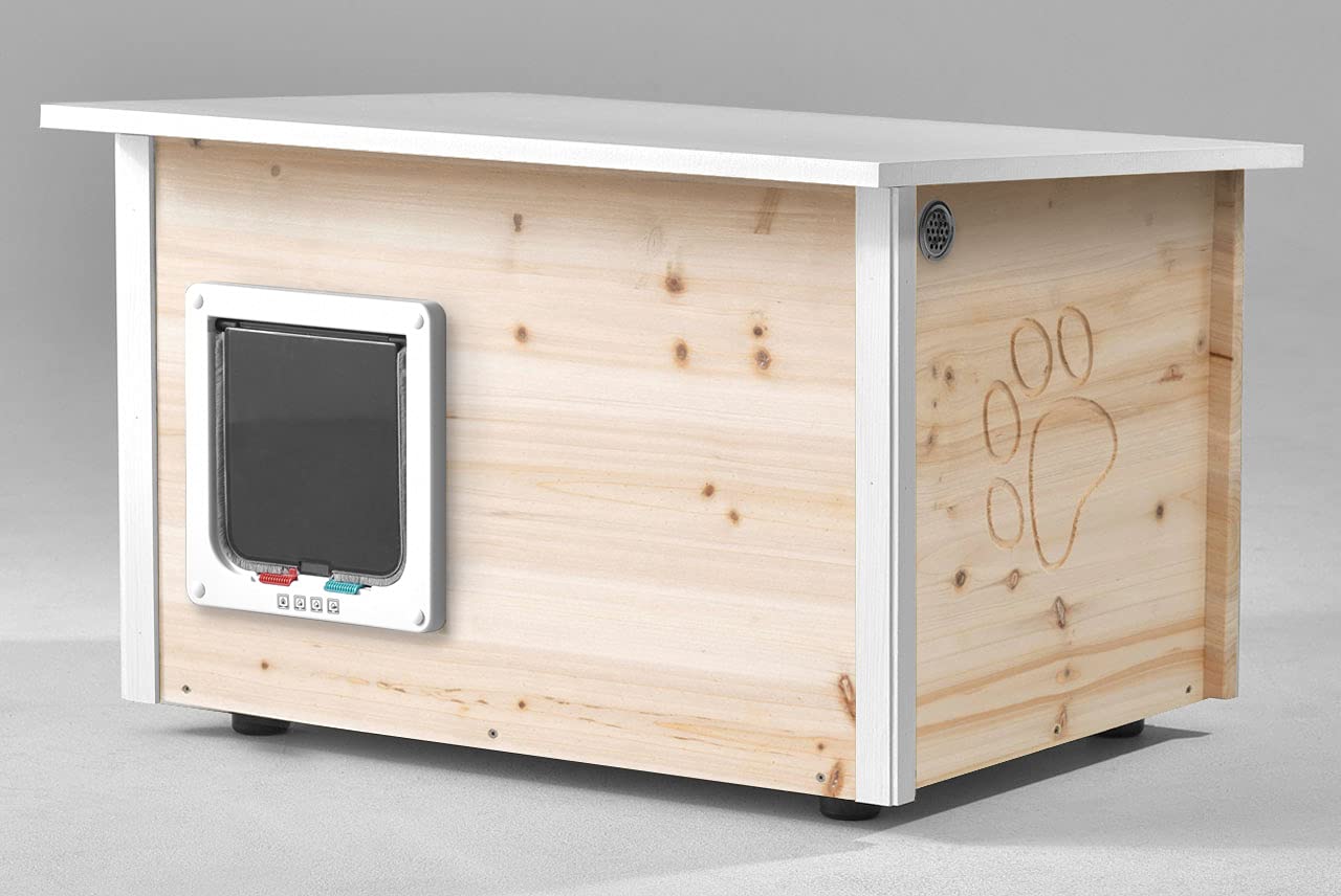Katzenhaus mit Katzenklappe, isoliert & wetterfest – Outdoor Katzenhütte aus Holz mit Styropor-Isolierung, Lüftung & abnehmbarem PVC-Dach
