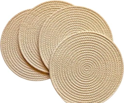 Image of Cotton Rope Placemats, Round Red with White Border, Set of 4, Heat Resistant Table Mats (Beige)