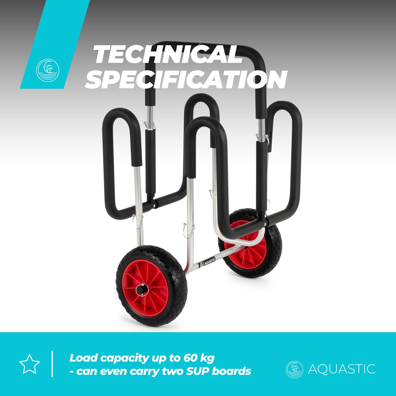 AQUASTIC SUP und Paddleboarding Trolley | Transport von 2 SUP-Boards | Leichte Aluminium-Konstruktion Tragkraft 60 kg | Wartungsfreie 10-Zoll-Räder | Einfache Montage | Kratzschutz