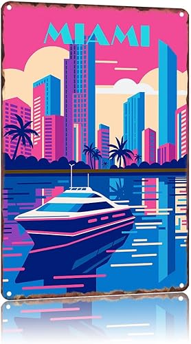 Miami - City Skyline, Retro, 80s Vintage Poster Home Decor Countries City Attraction Travel Scenery,For Living Room, Bedroom, Office,