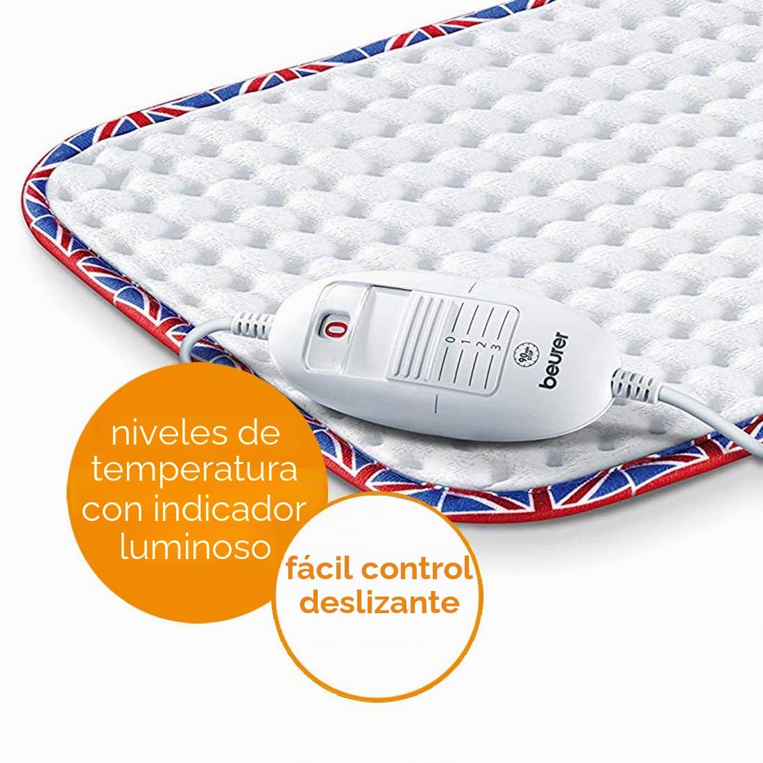 Beurer Almohadilla térmica HK-UK | Almohadilla térmica eléctrica para relajarse | 3 ajustes de temperatura regulados electrónicamente | Lavable a máquina | Apagado automático | acabado Union Jack