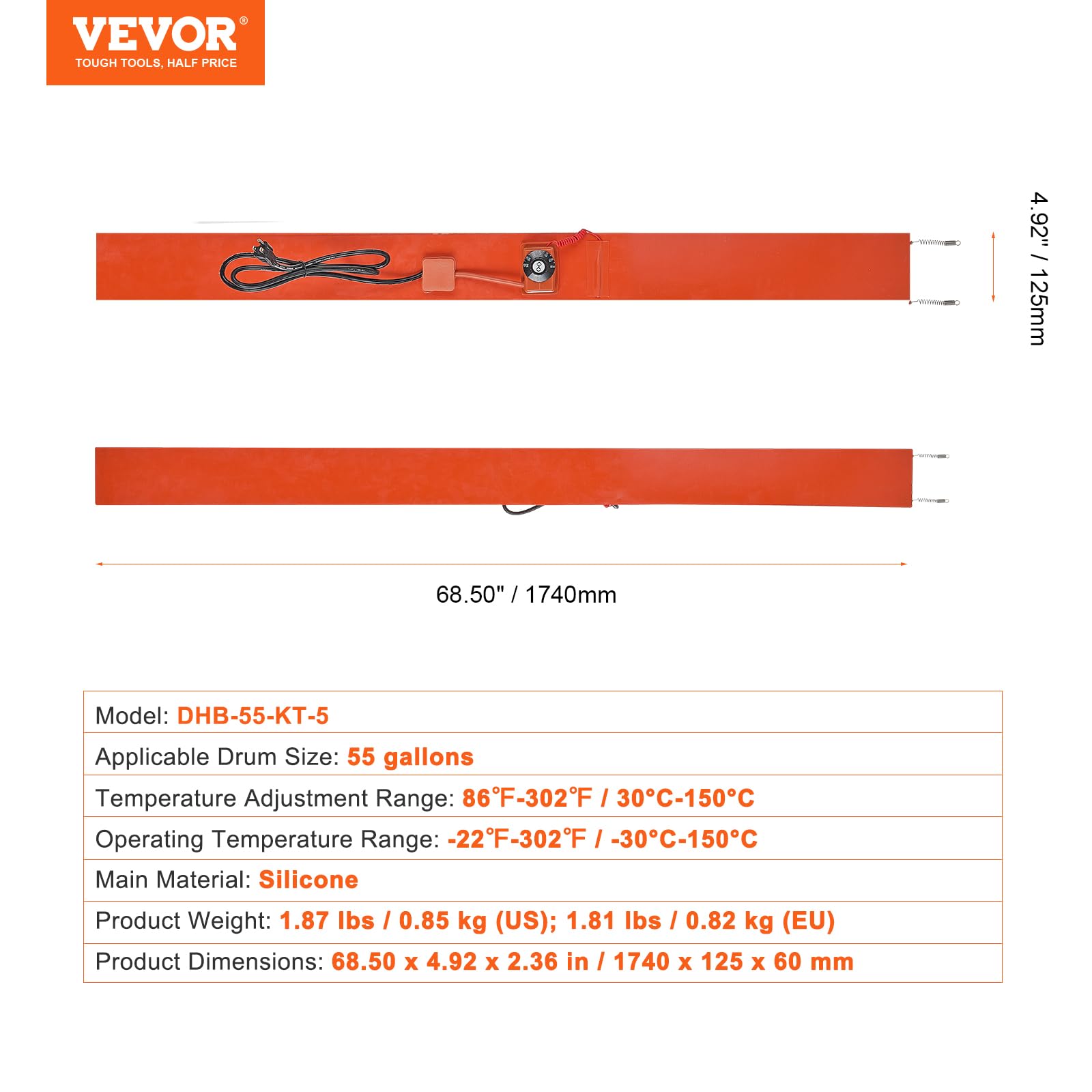 VEVOR Chauffe-fût en Métal, 1200 W, Bande Chauffante pour Baril 55 gallons, Largeur 125 mm, Thermostat Réglable 30°C-150°C, Ceinture Chauffante de Fûts de Graisse en Silicone Haute Efficacité, Orange