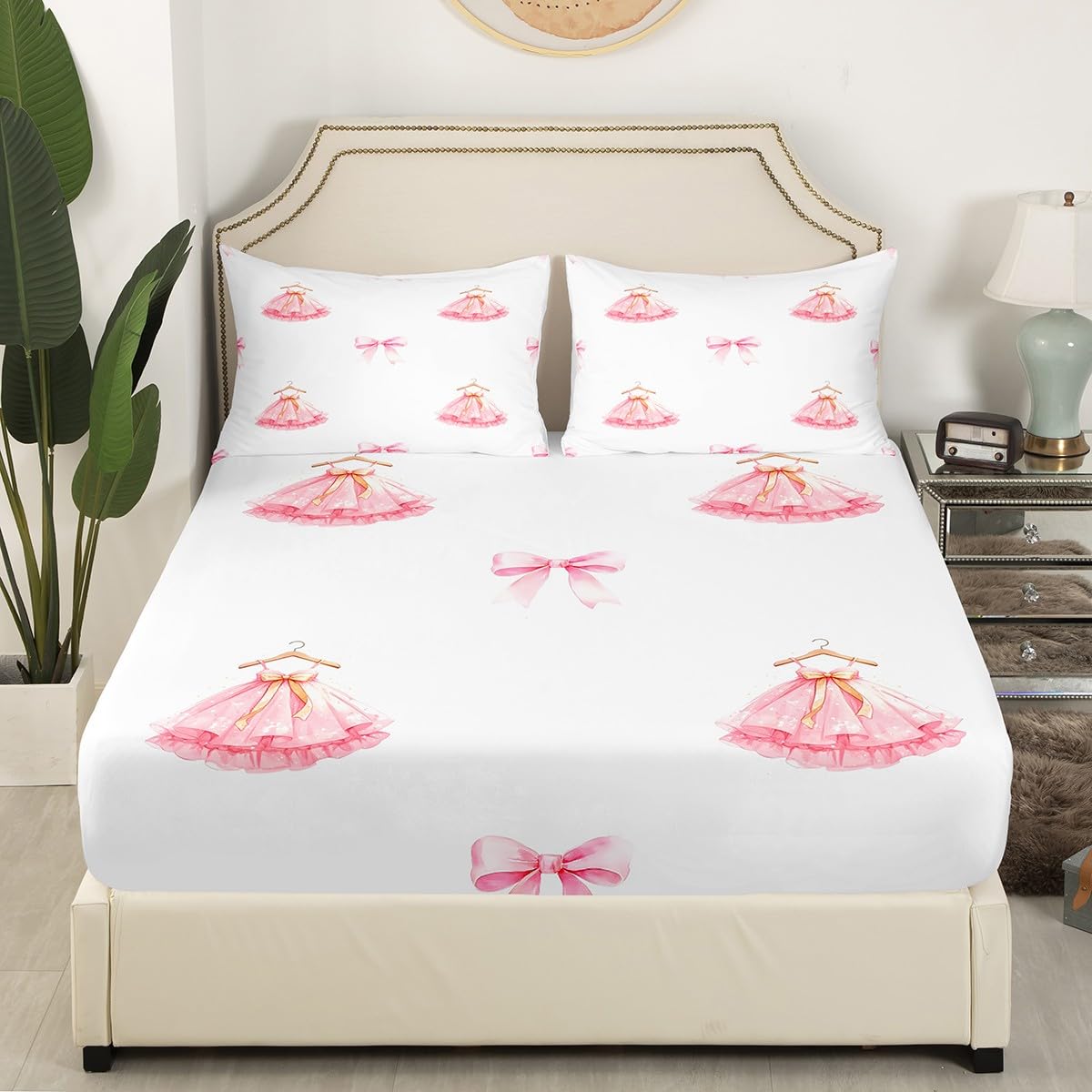 jejeloiu Pink Bow Bedding Set Twin Size Ballet Skirt Fitted Sheet for Boys Girls Children Ballerinas Cute Bowknot Dreamy Princess Bed Sheets Set Room Decor Breathable Soft Microfiber All Season 2Pcs