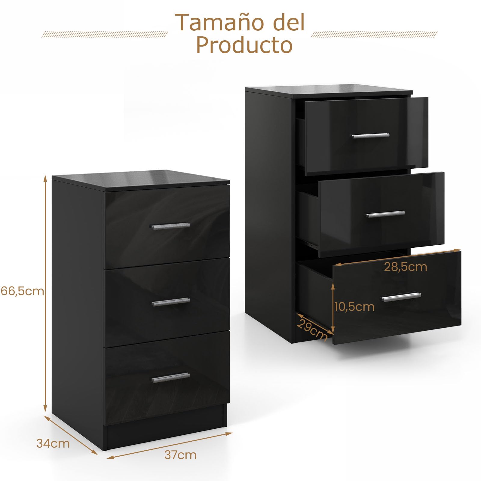 COSTWAY 1 Mesita de Noche con 3 Cajones, Mesilla de Noche de Madera, Archivador con Cajones, Salon Dormitorio Oficina, 37 x 34 x 66,5 cm, Negro