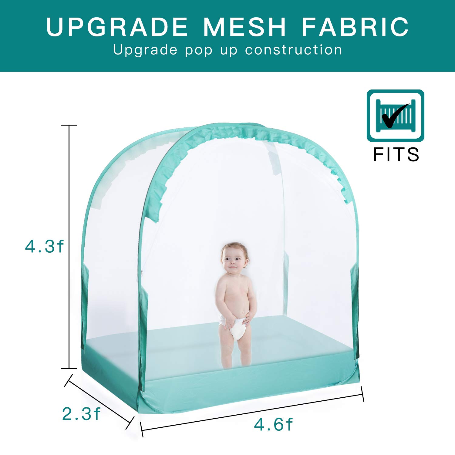 Black Friday - 60% OFF L RUNNZER Crib Pop Up Tent Baby Safety Mesh Cover Mosquito Net Toddler Bed Canopy Netting Cover Protect Baby from Biting and Falling, Emerald, 51 x 51 x 27 Inch