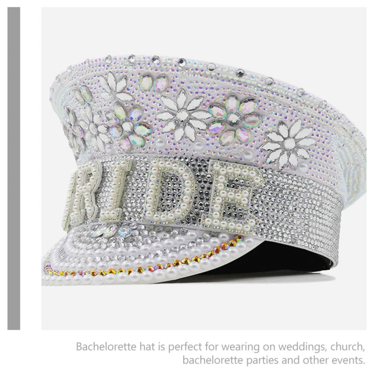 STOBAZA Sombrero de Cuero y Pedrería de Capitán de Novia Blanco Incrustaciones de Gemas, Cómodo y Llamativo Accesorio Elegante para Bodas y Despedidas de Soltera