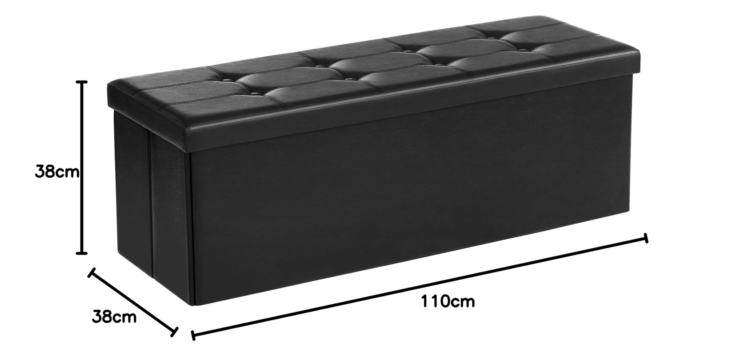 SONGMICS Baúl Puff - Taburete para almacenaje, Plegable Carga máxima de 300 kg, Negro, 110 x 38 x 38 cm + 38 x 38 x 38 cm Baúl Puff Taburete para almacenaje Plegable