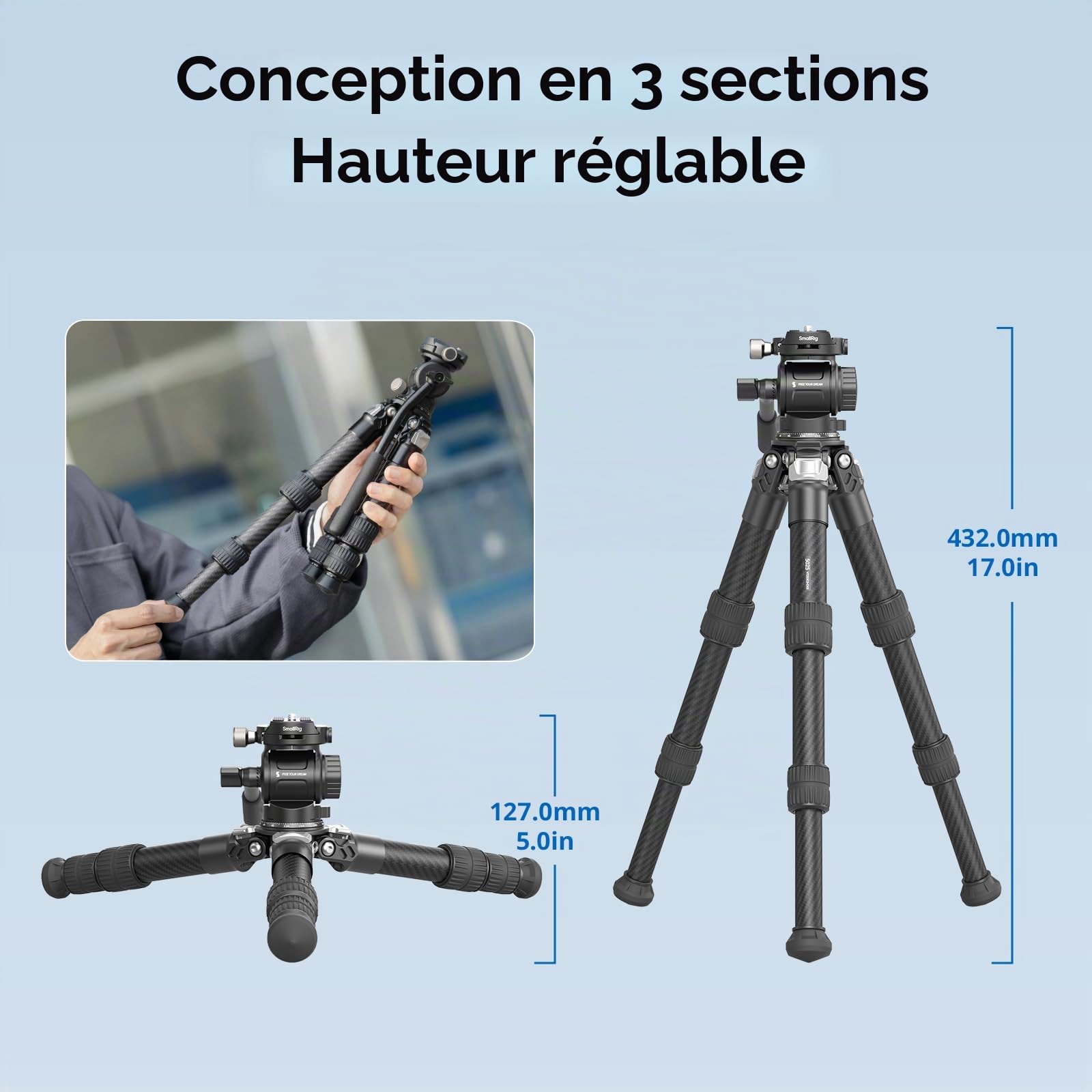 SMALLRIG Kit de Mini Trépied de Table Portable en Fibre de Carbone pour Caméra, Bureau Compact de 17 in avec Tête Vidéo à Haute Capacité de Charge, Plaque QR Intégrée pour Arca, Charge Max.3 kg