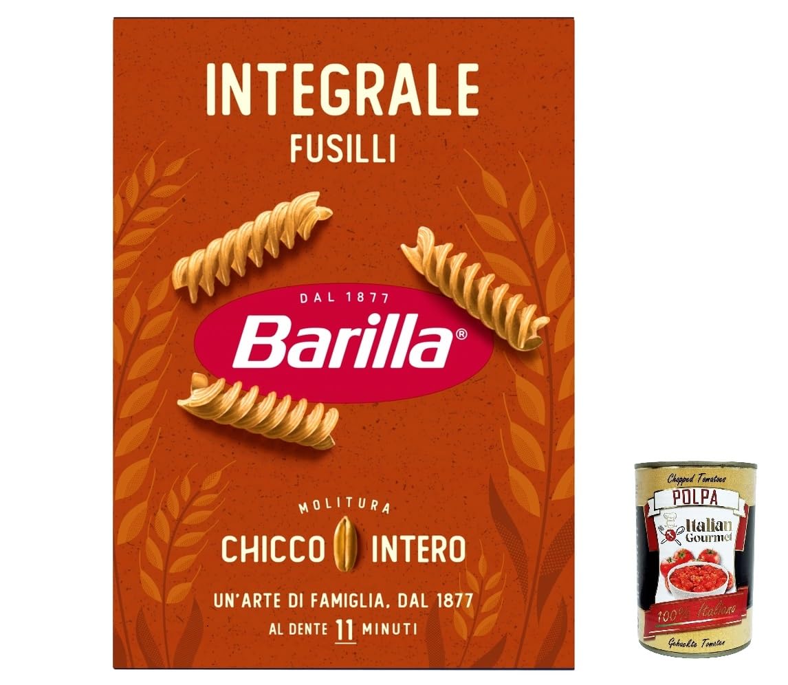 Italian Gourmet Fusilli Integrale Pasta italiana Vollkorn al dente 30 x | Ricca di fibre, forma a spirale; 11 Minuten Kochzeit, nimmt Saucen gut auf, Gesamtnettogewicht 15 kg + Kostenlos Polpa 400g