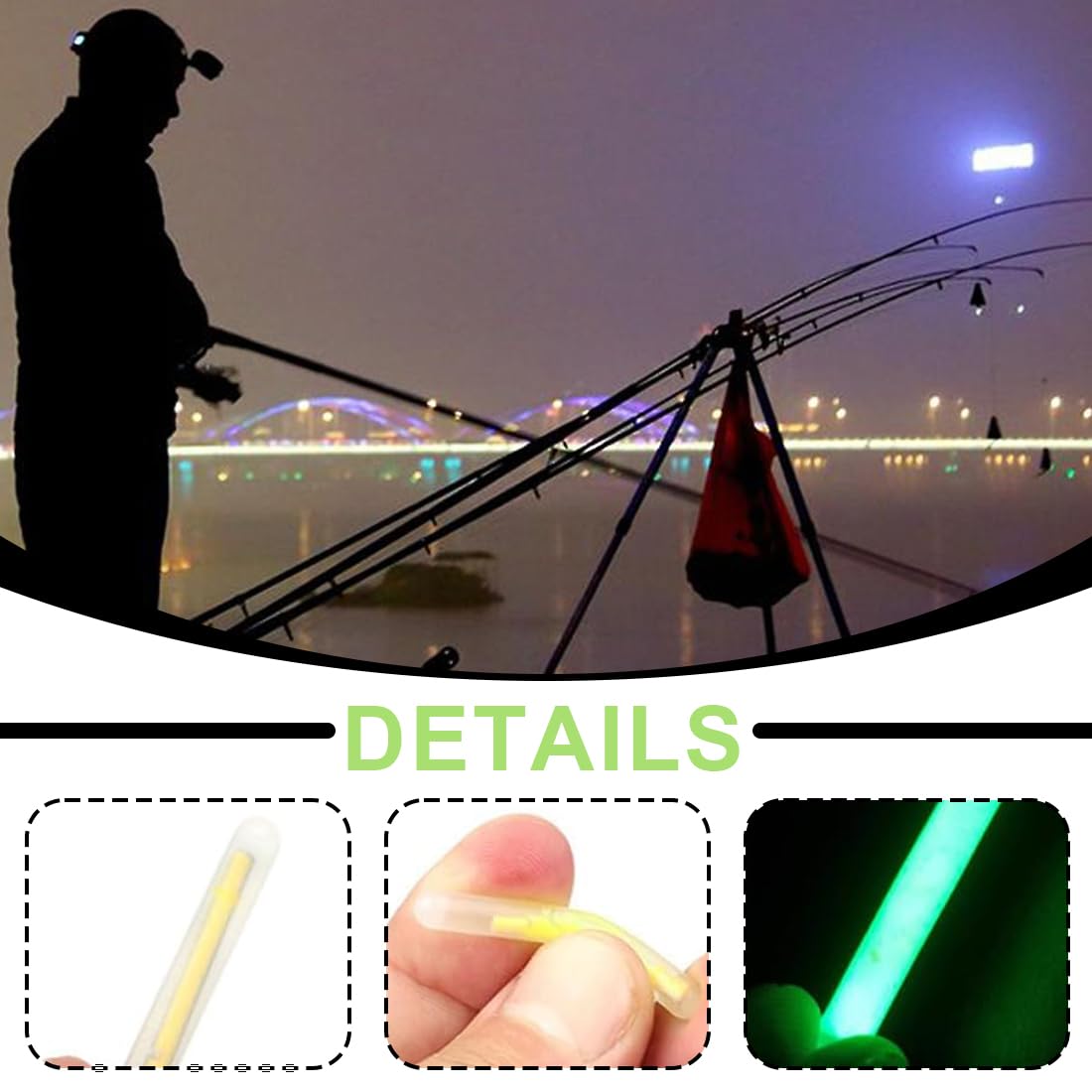 Palos Luminosos para Pesca, Barras de Luz para Pesca Nocturna, Glowsticks Verdes, Luz Estelar para Caña de Pescar, 20 Unidades