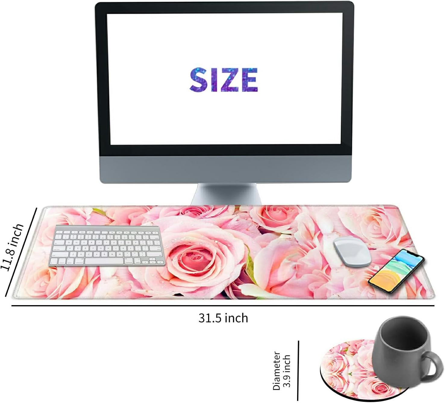 Desk Pad Mat Large Mouse Pad XL Extended Mousepad Gaming with Pink Rose 31.5" *11.8" Huge Mouse Pads for Computer Laptop Home Office + Cup Coaster