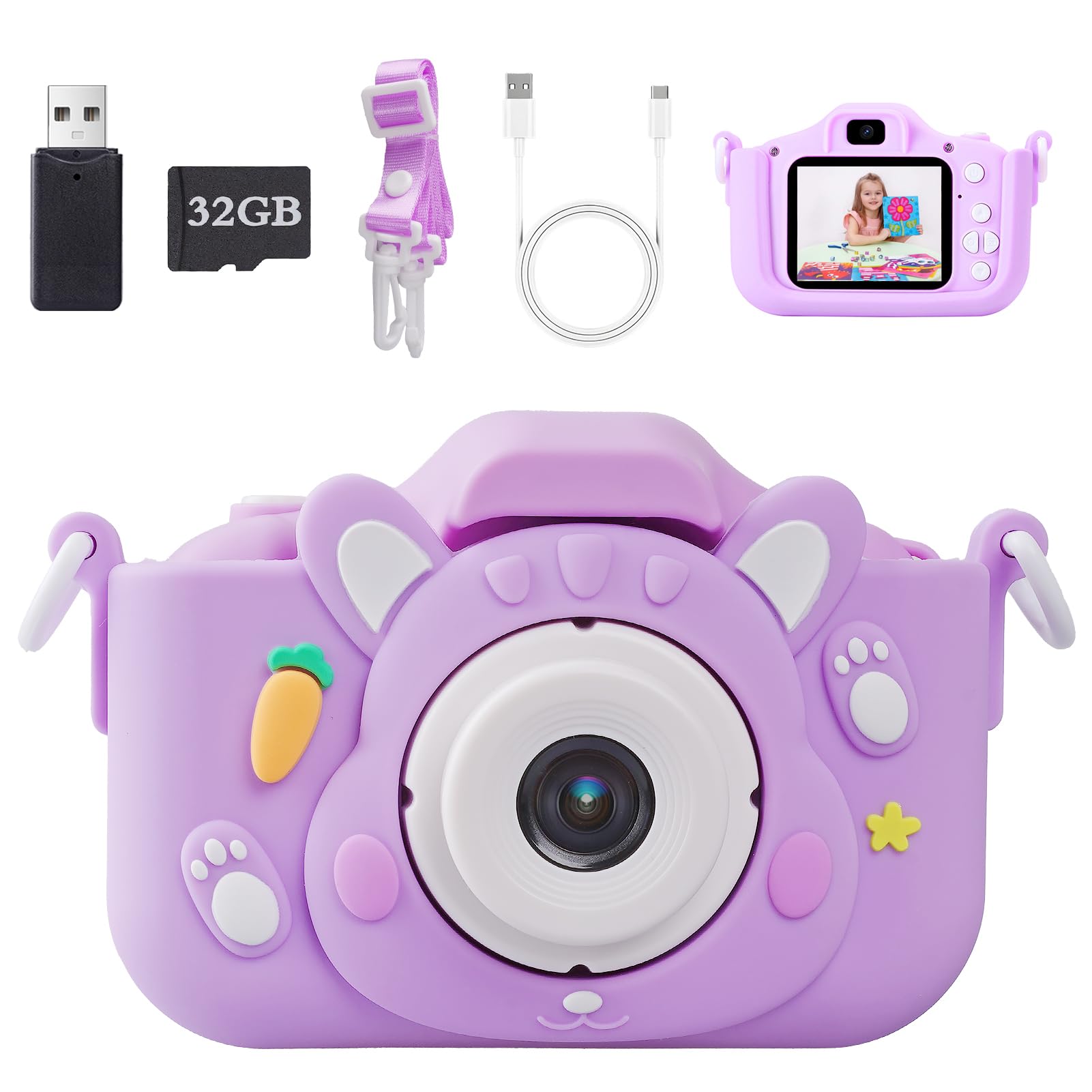 Voniobuy Macchina Fotografica per Bambini, Fotocamera Digitale 1080P con Schermo IPS 2.0", 44 Cornici Magiche e 5 Giochi Educativi - Regalo Perfetto per Ragazze e Ragazzi 3-12 Anni, Coniglio