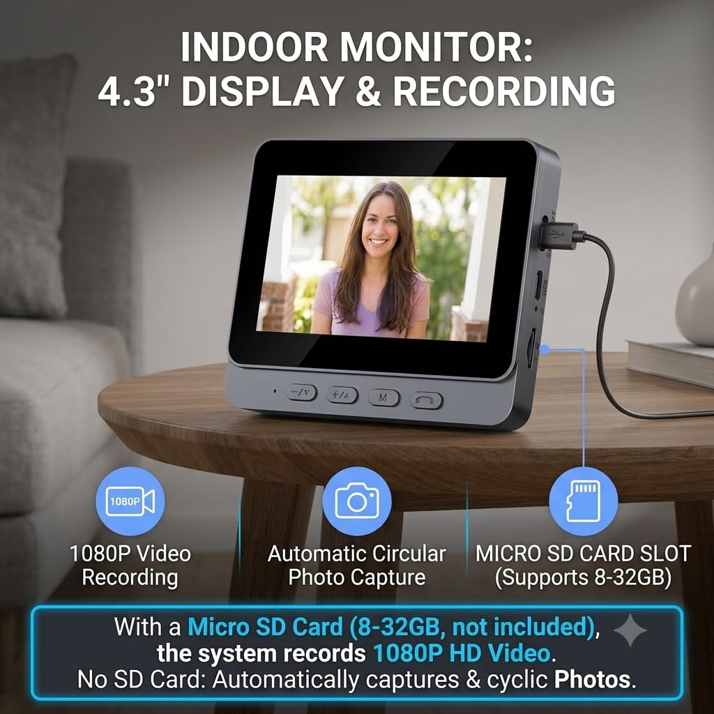 TKMARS Funk Video Türsprechanlage mit 4,3 Zoll Monitor, Kabellose Türklingel mit Kamera ohne WLAN & App, 170° Weitwinkel, Gegensprechfunktion, Nachtsicht, Besucheraufnahme, für Haus Wohnung Senioren
