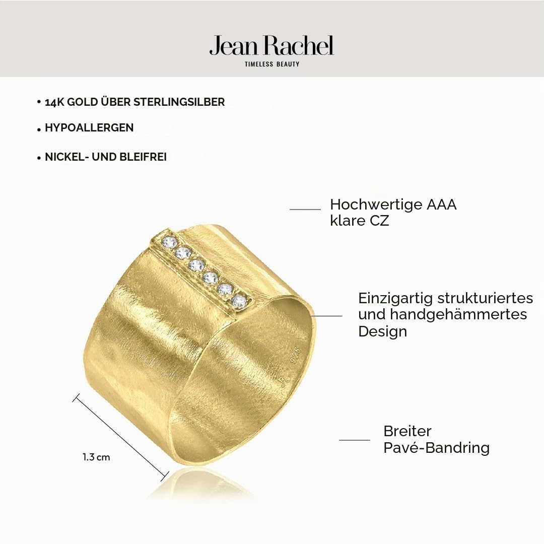 14K vergoldeter Sterling Silber Statement Ring mit 0,18 ct Zirkonia, gehämmerte breite Schiene, zarter Goldring, Schmuck Geschenk für Damen, ästhetischer Goldschmuck