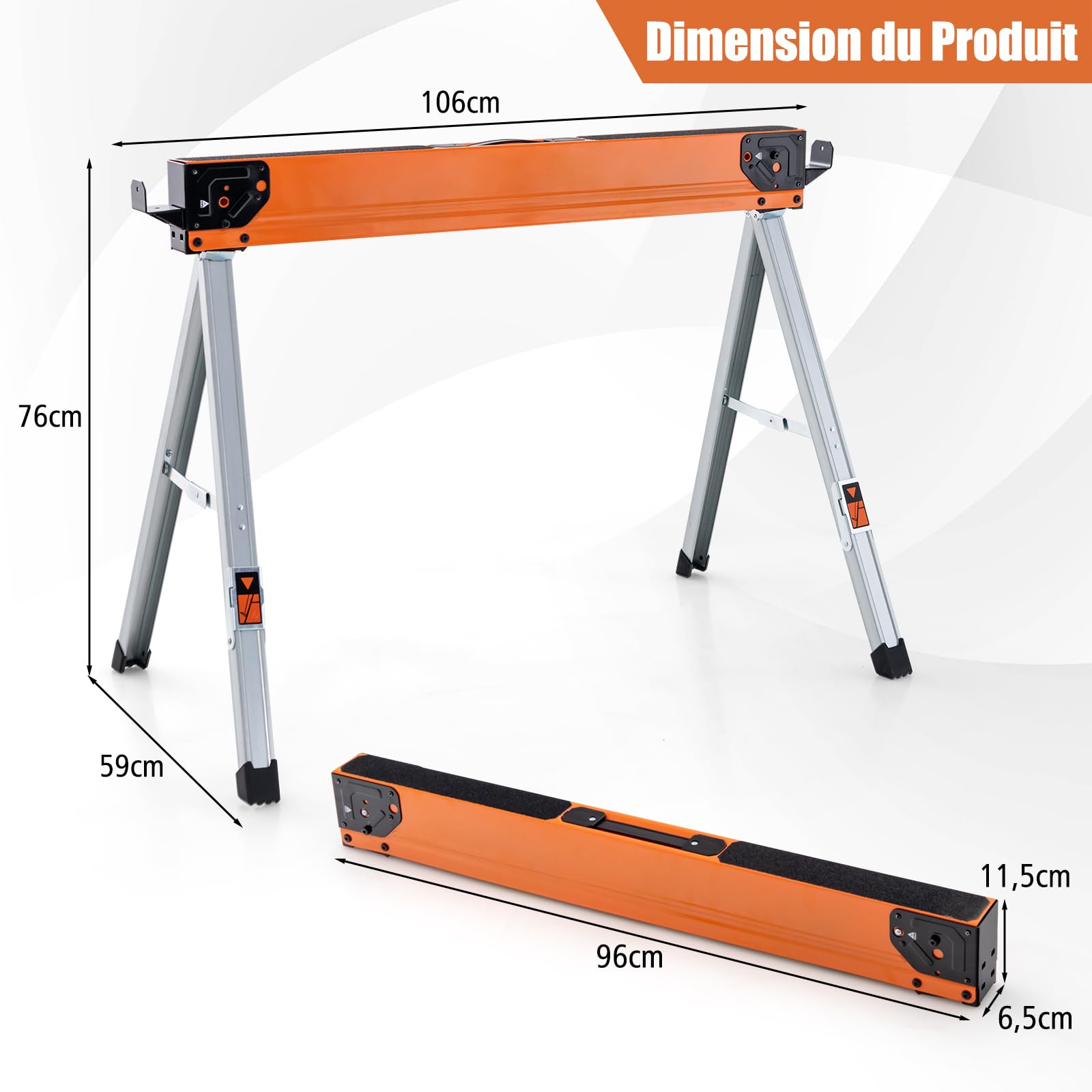 GYMAX Lot de 2 Tréteaux Portables et Pliables, avec Patins Antidérapants, Bras de Support, Chevilles Rabattables, Stucture Stable, pour Menuiserie/Travail de Bois