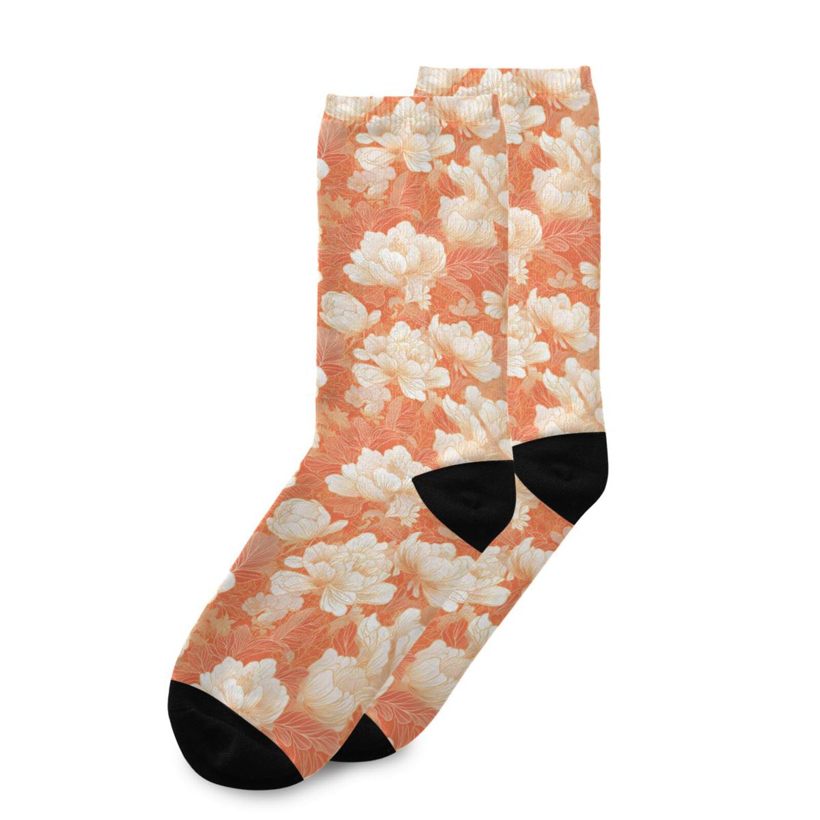 famyily Chinese Style Floral Peach Gold soft crew socks running casual wicking womens crew socks (2-Pair)