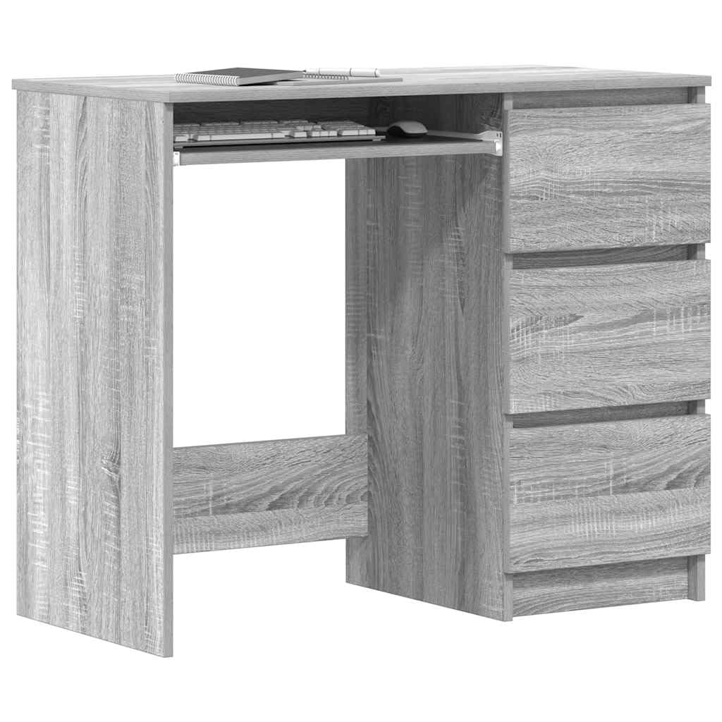 Scrivania con 3 cassetti, grigio Sonoma, scrivania per computer, 90 x 45 x 76 cm, tavolo da ufficio compatto in legno per home office, robusto tavolo da lavoro per laptop