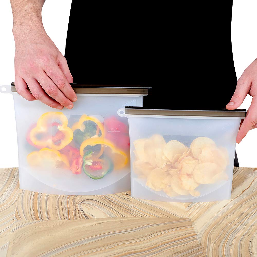 Bolsa de almacenamiento de alimentos de silicona, a prueba de fugas, sin olor, resistente a las manchas, duradero, apto para lavavajillas - Apto para microondas y refrigerador (juego de 2) 2 L