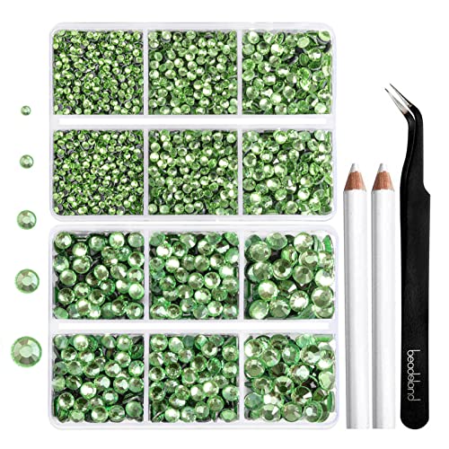 Image of 6736pcs Hotfix Rhinestones Flatback,Light Green Rhinestones for Crafts Clothes Mixed 5 Sizes, Hotfix Crystals with Tweezers and Wax Pencil Kit, SS6-SS30,Peridot /Light Green
