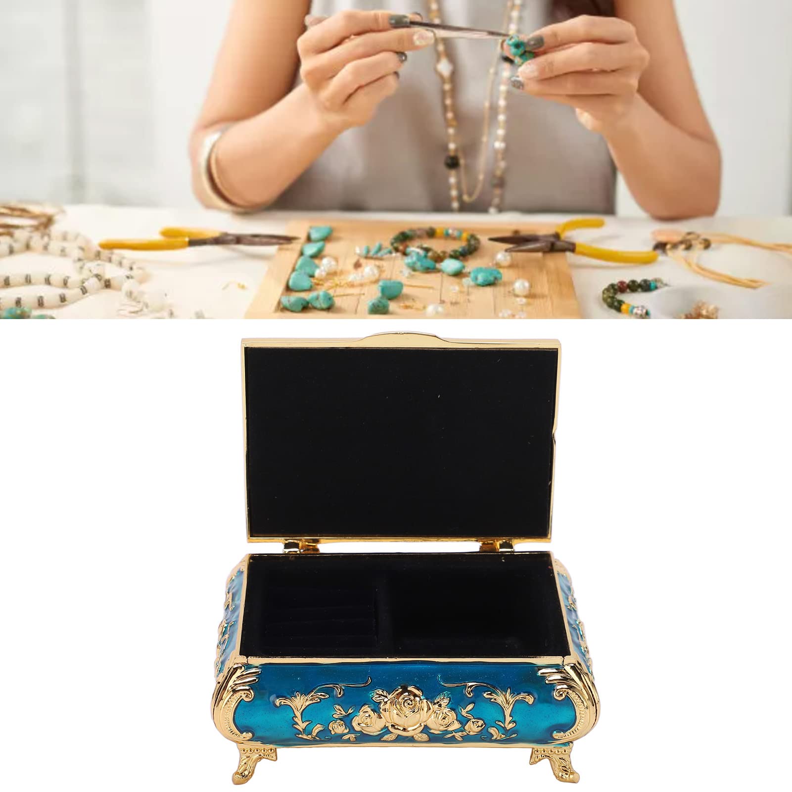 Vintage rechthoekige sieradendoos voor vrouwen, metalen sieradenorganizer voor het opbergen van kettingen, ringen en oorbellen als cadeau (blauw