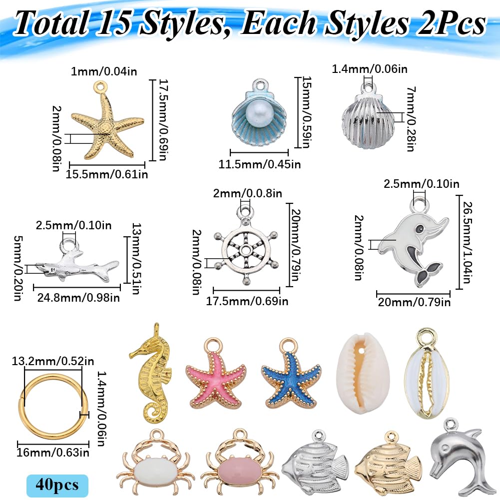 SUNNYCLUE 1 Box 30Pcs 15 Styles Ocean Charms Sea Life Charms Bulk Marine Animal Starfish Seashell Dolphin Crab Summer Charm for DIY Jewellery Making - Image 2