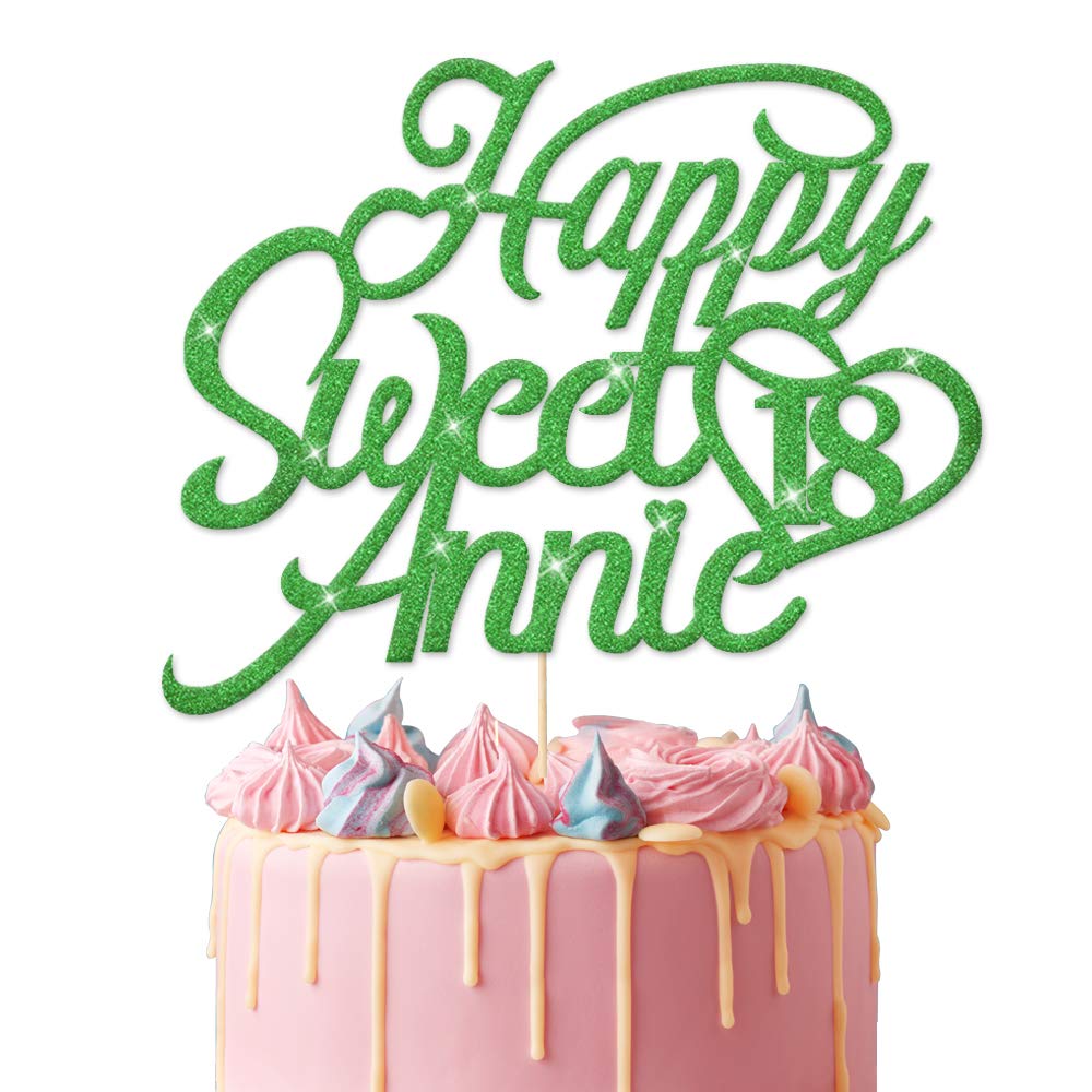 EDSG Personalised Sweet 16th Birthday | Customized with Any Age Any Name 12 16 18 21 30 Birthday Decor Cake Topper | Double Sided Glitter Birthday Cake Topper for Kids Hand Finished in UK(Green)