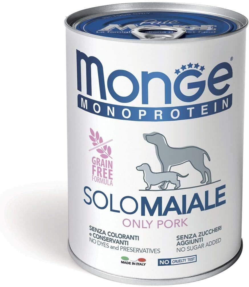 Monge Cibo Umido Monoproteico Cani - 24 Lattine x 400gr - Alimento Completo Grain Free (24, Maiale)