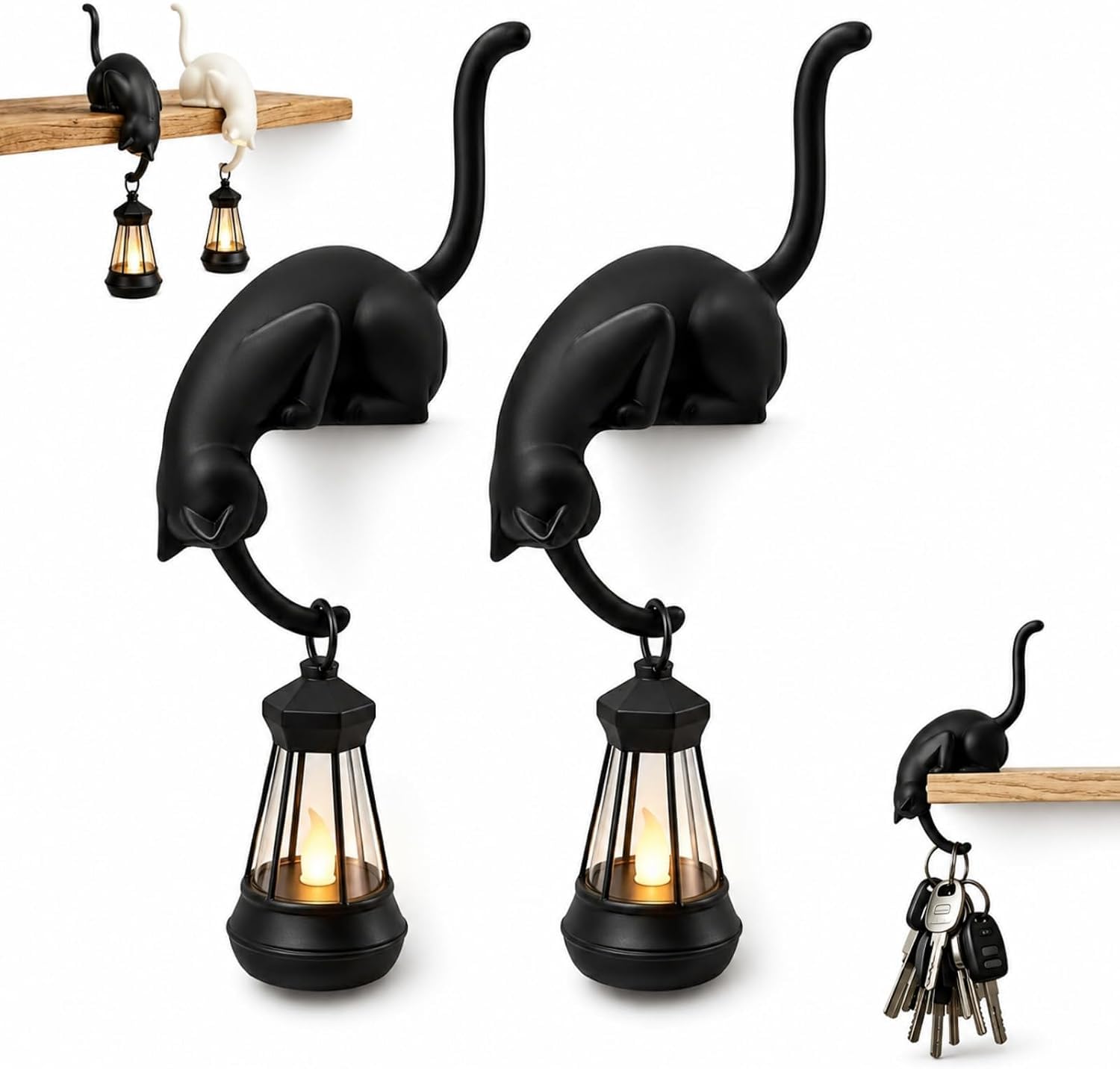 Cat Bookshelf Sitter with LED Lantern, Cute Cat Lovers Gift