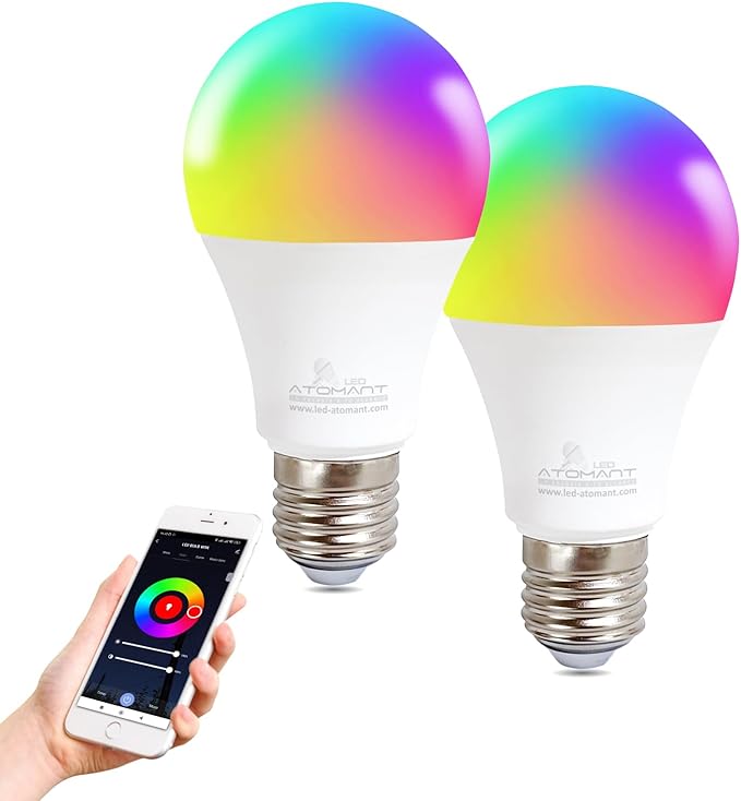LED ATOMANT Pack 2x Bombilla LED WiFi Inteligente E27 8W RGB+CCT (Blanco Calido, Neutro y Frio), Control De Voz, Ahorro Energético, Compatible con Alexa y Google Assistant